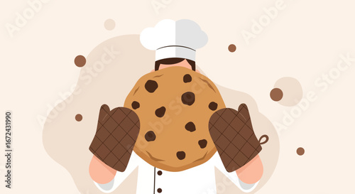 Baker Holding Enormous Cookie Presents Delightful Baked Goods Illustration Design