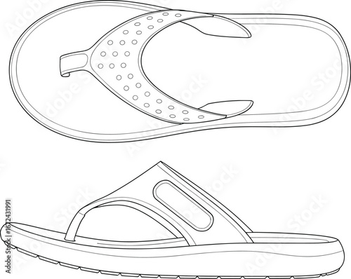 Flip flop sandal vector illustration with side and top view, outline drawing footwear design for summer fashion, casual wear, beach, and comfort style