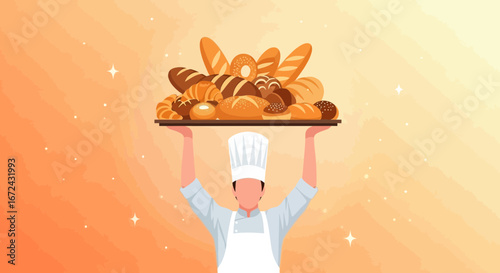 Baker Holding A Tray Full Of Freshly Baked Bread Smiling With Joy In The Kitchen
