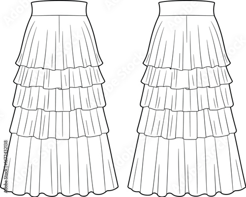 Long layered skirt fashion flat sketch, women’s tiered ruffle skirt template, technical drawing, pleated maxi skirt design, stylish apparel vector illustration