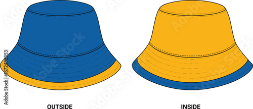 Reversible bucket hat fashion vector illustration, stylish unisex headwear design template, outdoor casual accessory mockup, trendy summer sun hat front and back view