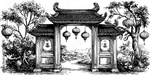 Ornate historical asian gateway silhouette with lanterns, vintage hand drawn engraving for retro design