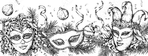 Vintage carnival mask and jester sketch illustration for festive decoration design