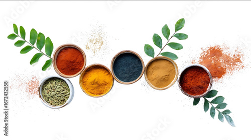 Colorful spices in ceramic bowls on a white background top view Spices for cooking or tea blended with leaves A composition of natural ingredients for food.jp