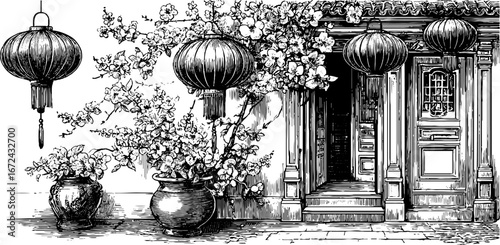 Vintage chinese lanterns and blossoms engraving for artistic decor and design