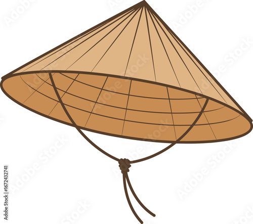Traditional Asian conical hat illustration, bamboo Vietnamese farmer headwear, cultural straw hat vector design, rural Asian accessory, farming protection, ethnic style.