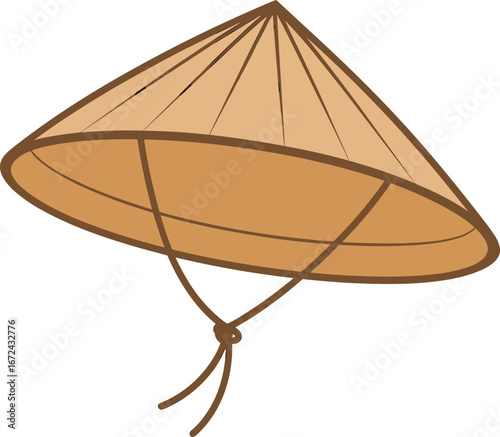 Traditional Asian conical hat vector illustration, Vietnamese non la bamboo hat design, cultural straw sun hat accessory, Asian farming headwear isolated drawing
