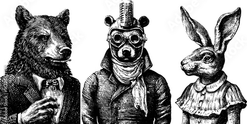 Intriguing animal characters in vintage engraving: creative anthropomorphic design for artistic projects