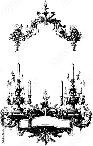 Highly detailed vintage engraving with ornate candelabras and flourishes for design and decoration