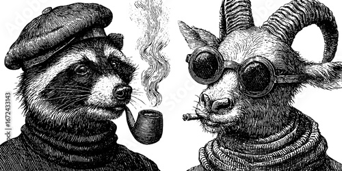Vintage engraving of fashionable raccoon and goat with pipe and glasses