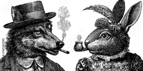 Anthropomorphic animals in victorian attire smoking pipes - vintage black and white engraving