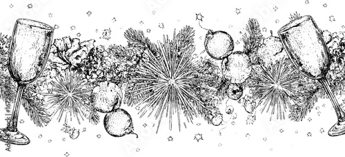 Vintage holiday celebration engraving with festive ornaments and wine glasses for seasonal decor