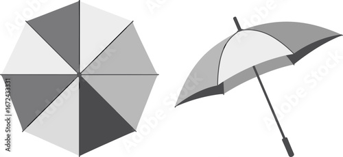 Vector umbrella illustration, open and angled view, black and white parasol design, rain protection accessory, simple shading, isolated graphic template drawing