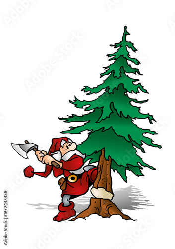 Santa Claus is cutting down a huge Christmas tree.