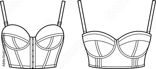Women bustier lingerie fashion flat sketch with underwire cups, adjustable straps, structured corset style, vector apparel design front and back illustration template