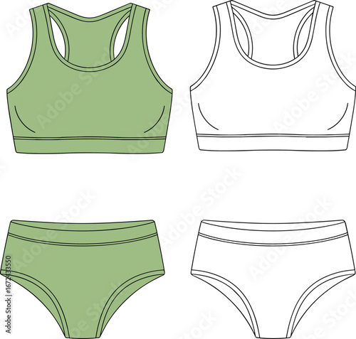 Women’s sports bra and underwear vector illustration, activewear fashion design template, seamless lingerie set, fitness apparel, front view, flat sketch, technical outline