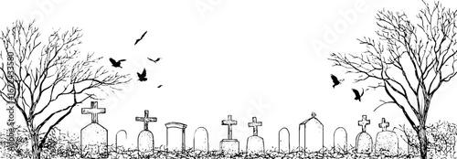Vintage engraved cemetery scene with detailed gravestones and bare trees