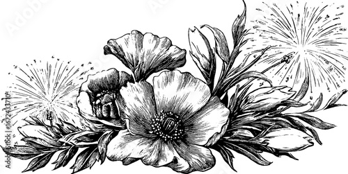 Vintage floral and fireworks illustration for retro design and decoration