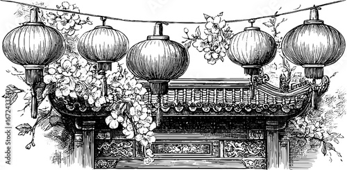 Traditional chinese lanterns with blossoms engraving for retro decorative design