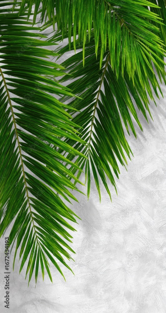Naklejka premium Lush green palm fronds gracefully frame a textured light gray background.