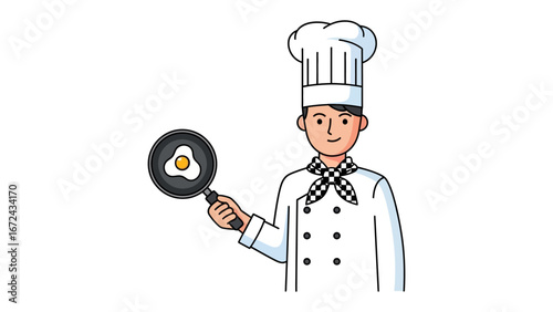 Chef's Culinary Creation: A skilled chef, clad in classic uniform, showcases a perfectly cooked fried egg in a pan, a symbol of culinary expertise.