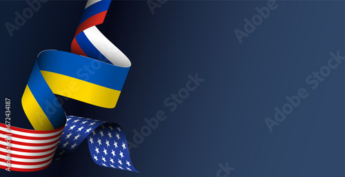 Ukraine UA Russia USA united States American ribbon flag background, web, banner, wallpaper for text. negotiations, war, invasion, sanctions partnership template presentations, conferences