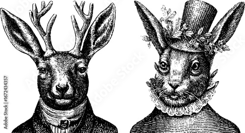 Vintage animal portraits in formal attire with intricate black and white engraving