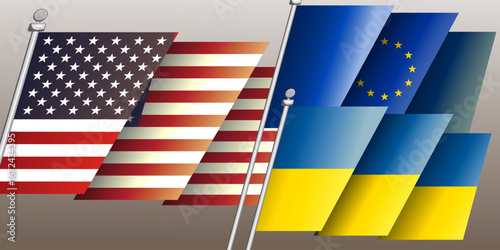 Europe Ukraine UA flags against USA united States American background, web, banner, wallpaper. Negotiations, sanctions partnership template security guarantees conferences