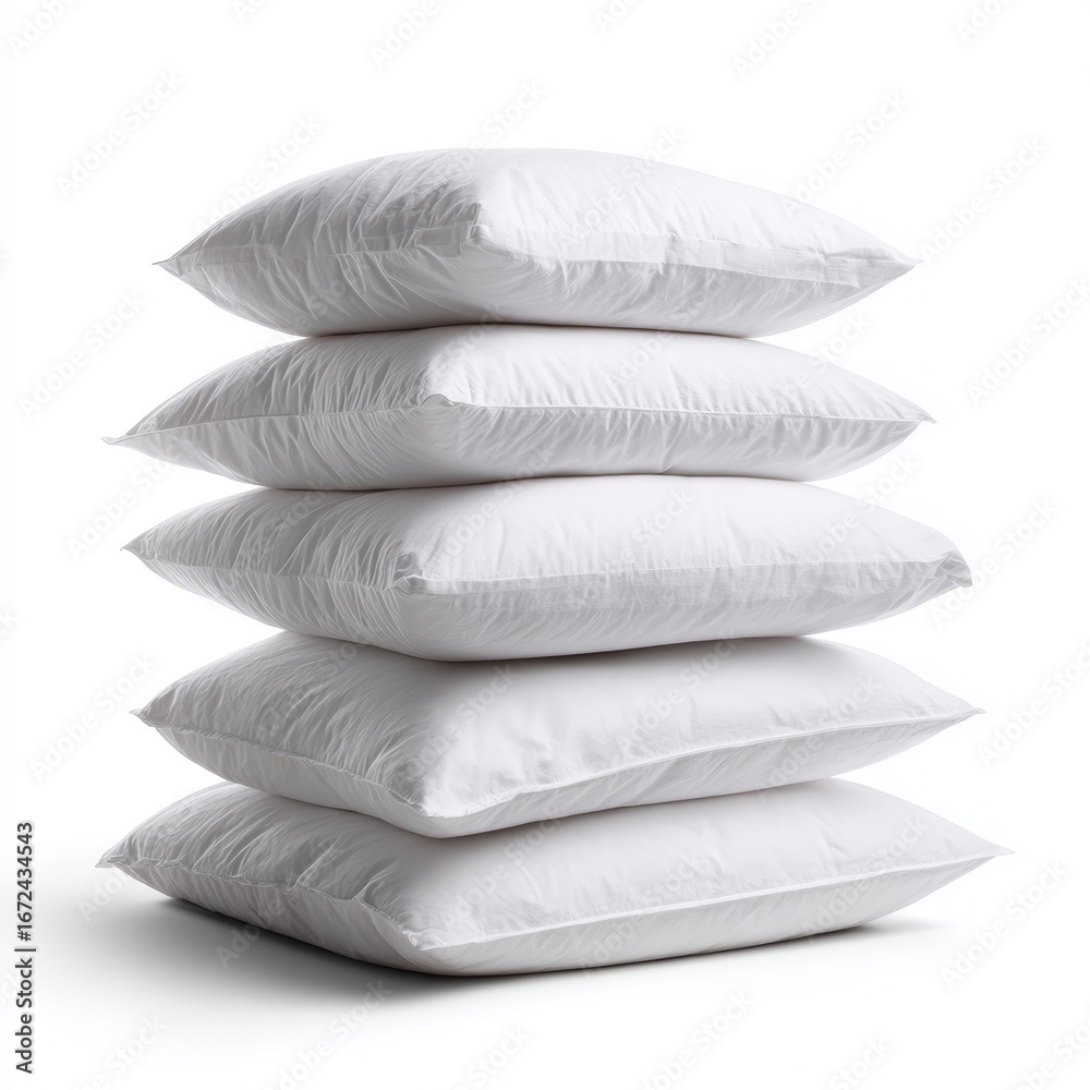 A stack of five fluffy, white pillows piled on top of each other, perfect for a comfortable night's sleep A stack of five fluffy, white pillows piled on top of each other, perfect for a comfortable night's sleep