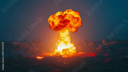 Atomic bomb exploding over deserted volcanic landscape