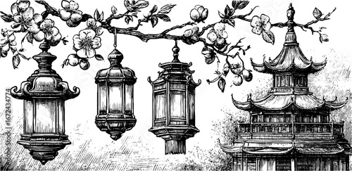 Vintage chinese lanterns and pagoda with blossoming branches in black and white engraving for design