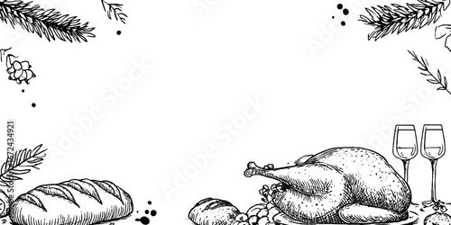 Vintage holiday feast sketch - turkey, bread, and wine celebration design for cards
