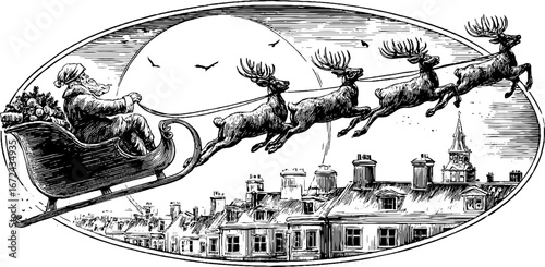 Vintage christmas scene with santa and reindeer sleigh over rooftops for holiday card design