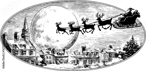 Christmas night scene with santa and reindeer silhouette over vintage town