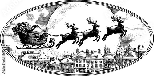 Santa's sleigh and reindeer over a vintage town, festive holiday design