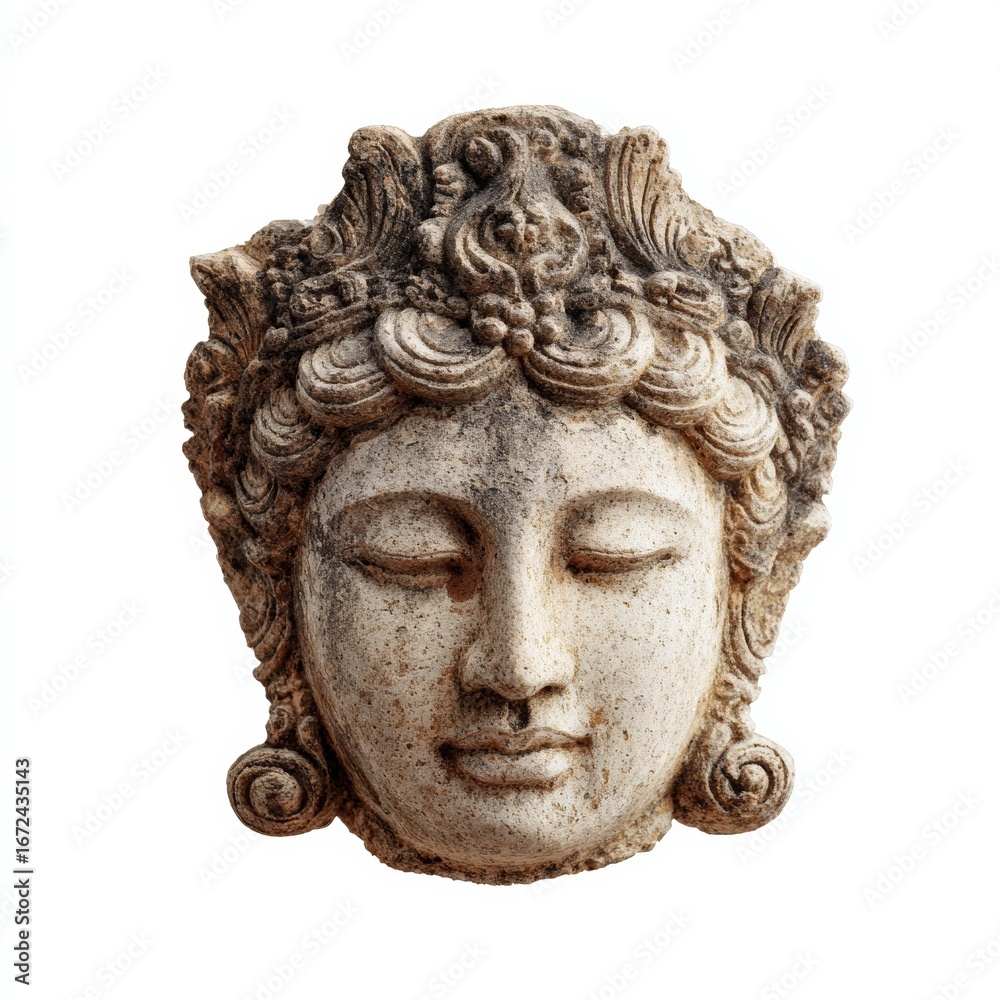 Fototapeta premium A close-up shot of an antique stone sculpture of a serene face with closed eyes and an ornate headdress. The details of the carving are highlighted