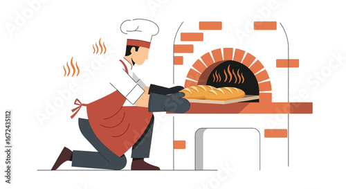 Baker Kneeling Near The Oven Pulling Out Freshly baked Loaves of Bread With Gloves