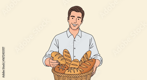 Baker Man Holding Rustic Bread in a Wicker Basket Smiling with Satisfaction