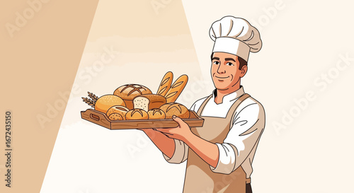 Baker Offering A Variety Of Baked Goods With Artisan Bread Loaves And Baguettes