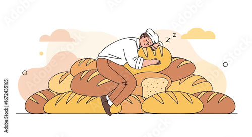Baker Napping Peacefully Amongst Freshly Baked Artisan Breads and Delicious Loaves