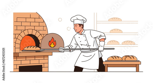Baker Preparing And Baking Fresh Bread in A Brick Oven for Production and Distribution