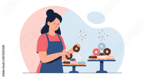 Baker Preparing And Arranging Delicious Donuts With Colorful Sprinkles And Glaze