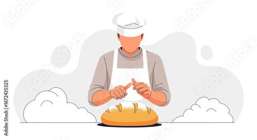 Baker Preparing Bread With Flour Detailing, Baking Process Presented In Minimalist Style