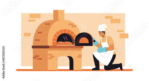 Baker Preparing Baked Goods In A Stone Oven, Illustration Of Food Preparation Process