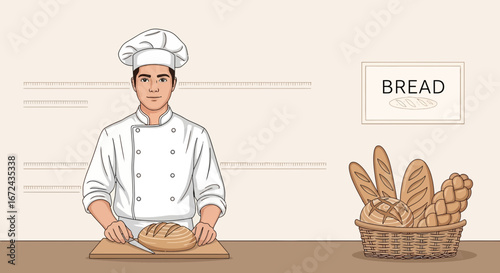 Baker Preparing Artisan Bread Loaf and a Basket of Fresh Baked Breads on a Tabletop