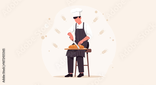 Baker Preparing Bread, Culinary Art, Chef Slicing The Freshly Baked Loaf Of Bread