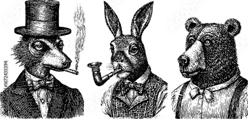 Vintage animal portraits - engraved illustrations of wolf, rabbit, and bear in formal attire
