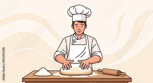 Baker Preparing Dough, Making Food, Fresh Bakery Product, Vector Illustration, Professional Cooking