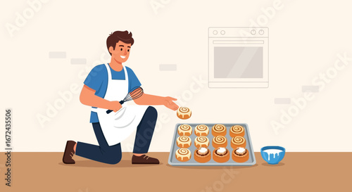 Baker Preparing Freshly Baked Cinnamon Rolls In Preparation for Serving Guests Deliciously