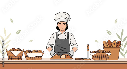 Baker Preparing Freshly Baked Bread, Artfully Arranged in Baskets and a Container